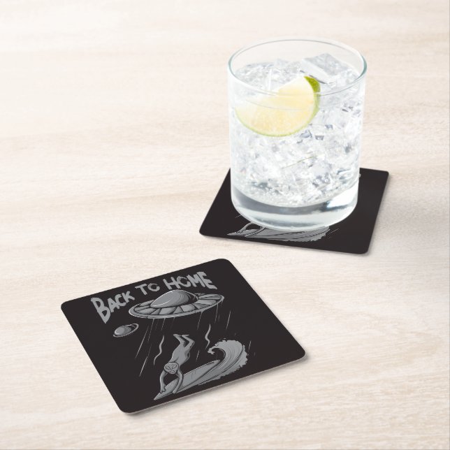 alien ufo surfing illustration with back to home  square paper coaster (Insitu)