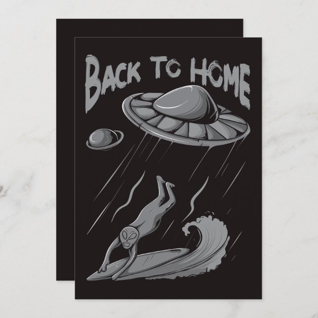 alien ufo surfing illustration with back to home  thank you card (Front/Back)