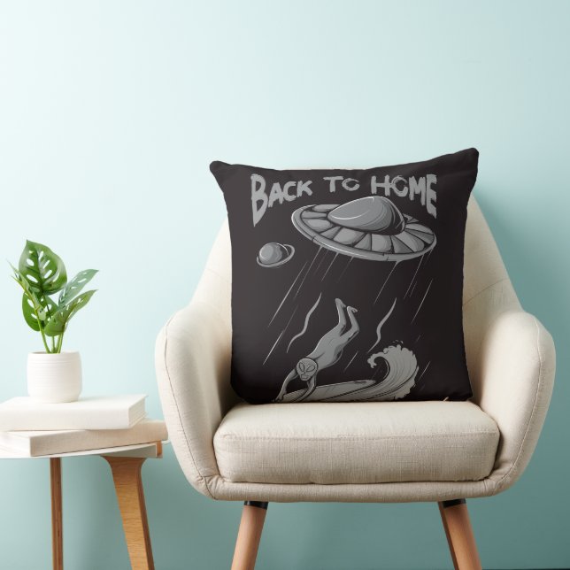 alien ufo surfing illustration with back to home   throw pillow (Chair)