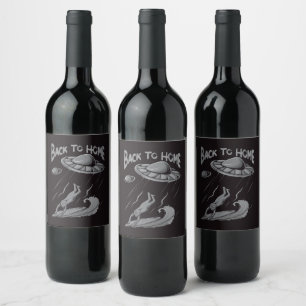 alien ufo surfing illustration with back to home   wine label