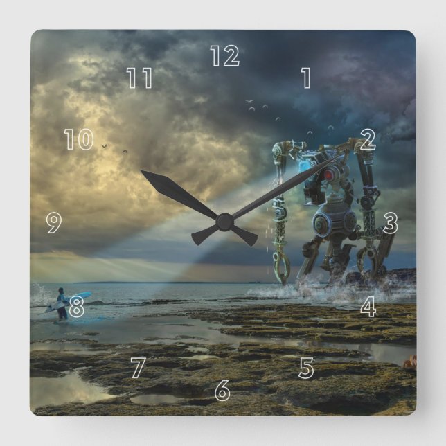 Alien Visiting Earth Meets Surfer Square Wall Clock (Front)