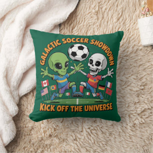 Alien vs Skeleton Galactic Soccer Showdown Funny Throw Pillow