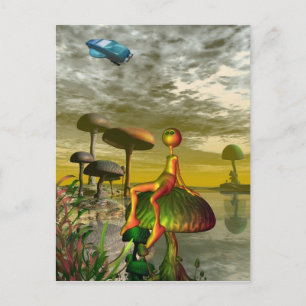Alien watching an aircar in the sky postcard