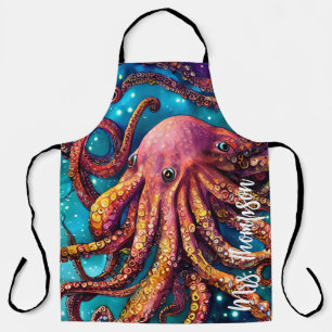 Alien Watercolor Octopus with Personalized Name Apron