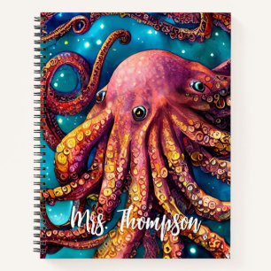 Alien Watercolor Octopus with Personalized Name Notebook
