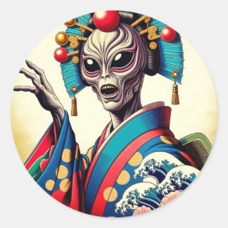 Alien wearing a Japanese kimono シール Classic Round Sticker