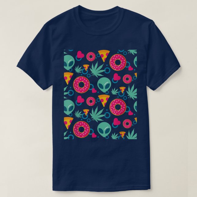 Alien Weed Pizza Doughnut Food Heart Pattern Cool  T-Shirt (Design Front)