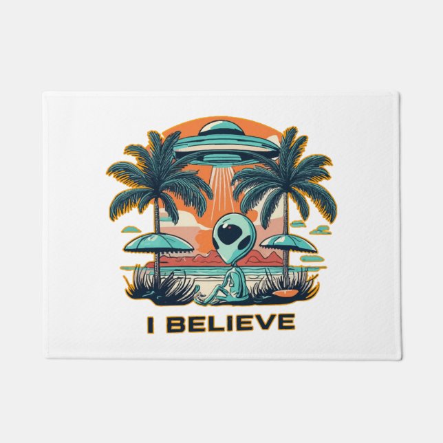 alien with UFO I BELIEVE Doormat (Front)