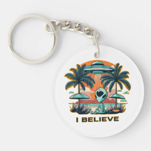 alien with UFO I BELIEVE Keychain