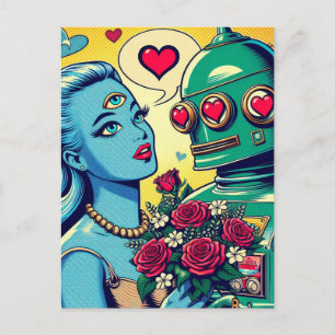 Alien Woman and Robot in Love Retro Comic Postcard