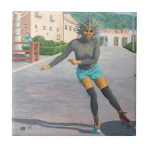Alien Woman Roller Skater Fantasy Art Ceramic Tile