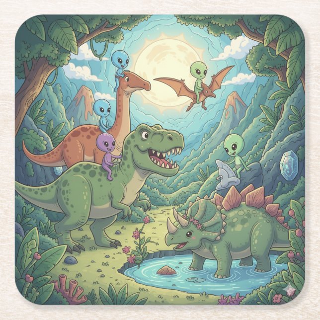 Aliens and Dinosaurs Adventure Square Paper Coaster (Front)