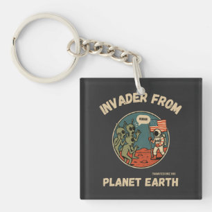 Aliens & Astronaut in Space Funny Design Keychain