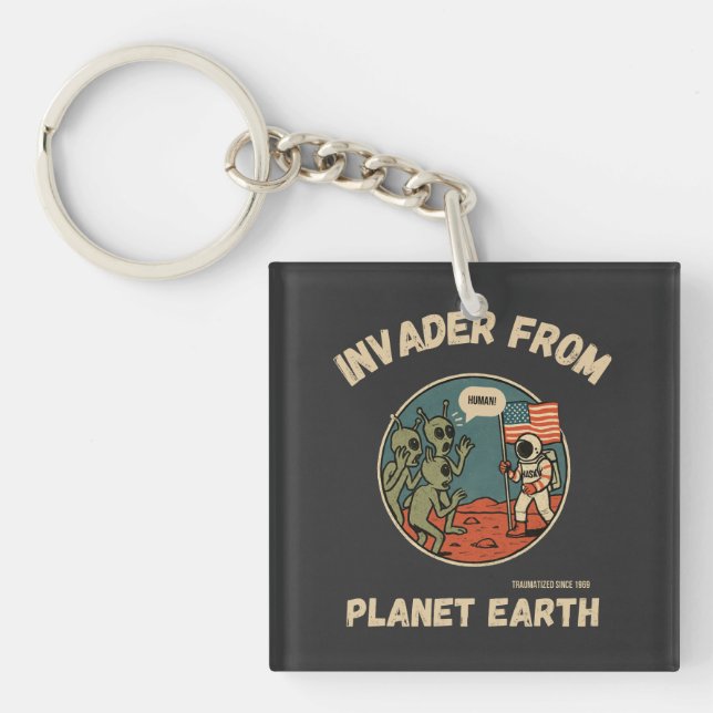 Aliens & Astronaut in Space Funny Design  Keychain (Front)