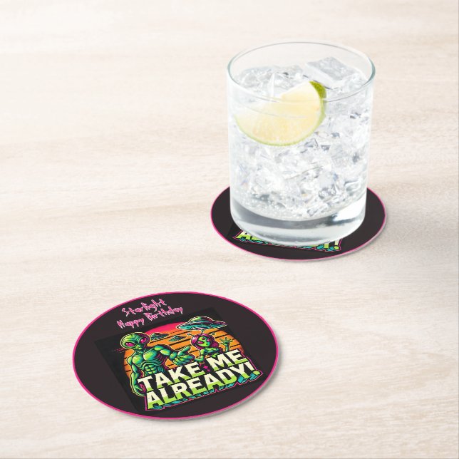 Aliens Await in Cosmic Design! Round Paper Coaster (Insitu)