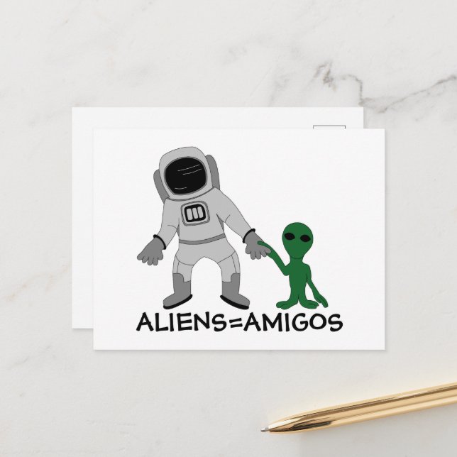 Aliens = Friends, Astronaut & Extraterrestrial Postcard (Front/Back In Situ)