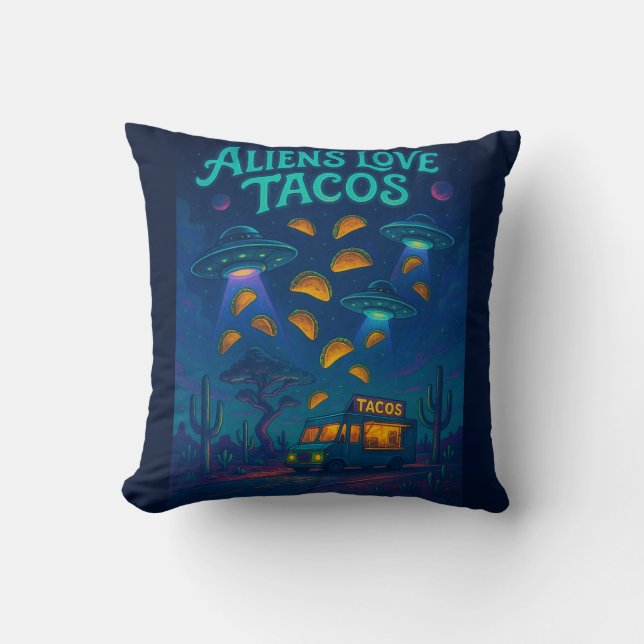 Aliens Love Tacos Throw Pillow (Front)