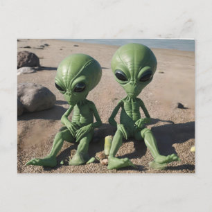 aliens on beach postcard