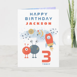 Aliens Spaceship Age 3 Birthday Space White Card