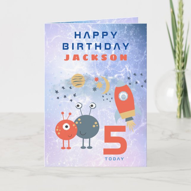 Aliens Spaceship Age 5 Birthday Space Lilac Card (Front)