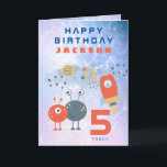 Aliens Spaceship Age 5 Birthday Space Lilac Card<br><div class="desc">Send a 5 year old space fan this fun design of a spaceship,  cute aliens and moon and stars on a lilac and blue watercolor background. Easily personalize the text to your own requirements.</div>