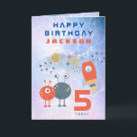Aliens Spaceship Age 5 Birthday Space Lilac Card<br><div class="desc">Send a 5 year old space fan this fun design of a spaceship,  cute aliens and moon and stars on a lilac and blue watercolor background. Easily personalize the text to your own requirements.</div>