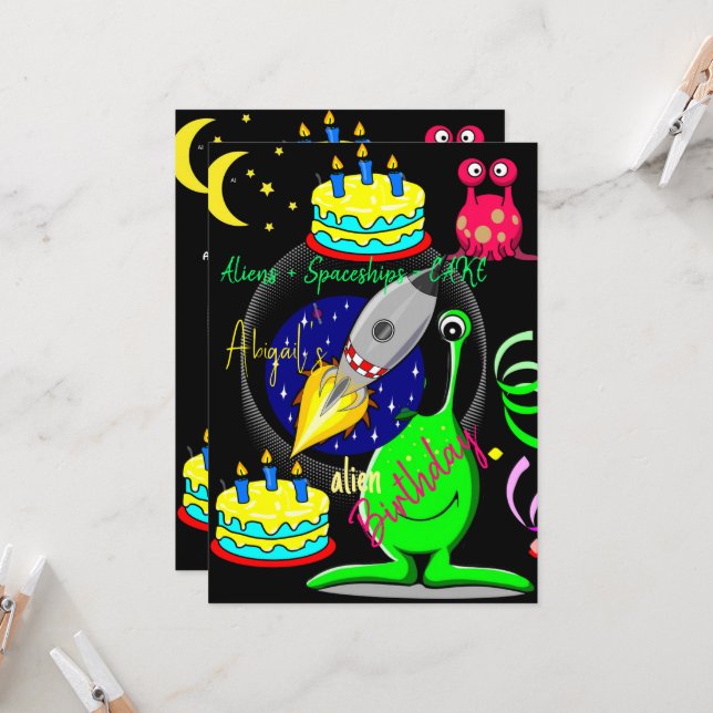Aliens Spaceship Happy Birthday Invitation  (Front/Back In Situ)