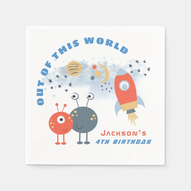 Aliens Spaceship Moon Stars Boy 4th Birthday party Napkin (Front)