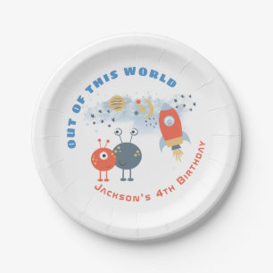 Aliens Spaceship Moon Stars Boy 4th Birthday party Paper Plate