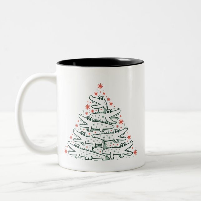 Aligator Christmas Tree Funny Crocodile Florida  Two-Tone Coffee Mug (Left)