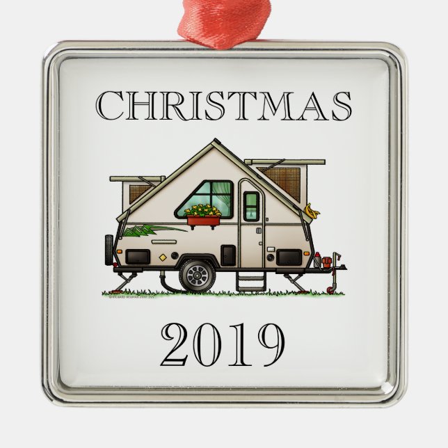 Aliner Pop Up RV happy camper art Metal Ornament (Front)