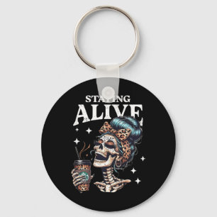 Alive Skeleton Halloween Leopard Messy Bun Women T Keychain