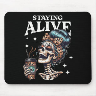 Alive Skeleton Halloween Leopard Messy Bun Women T Mouse Pad