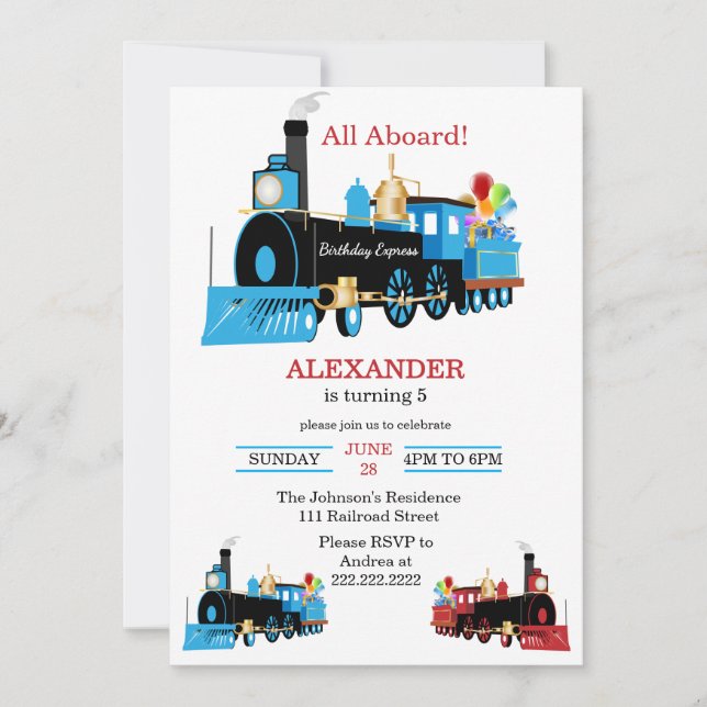 All Aboard Blue and Red Train Birthday Invitation (Front)