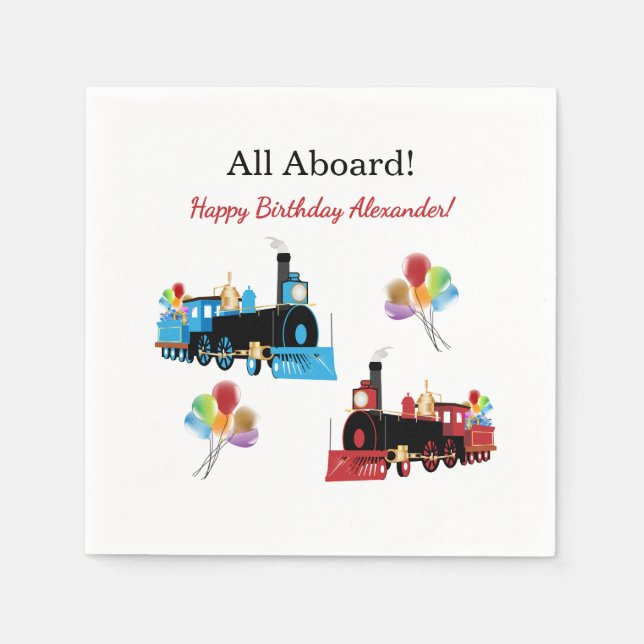 All Aboard Blue and Red Train Birthday  Napkin (Front)