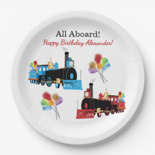 All Aboard Blue and Red Train Birthday  Paper Plate