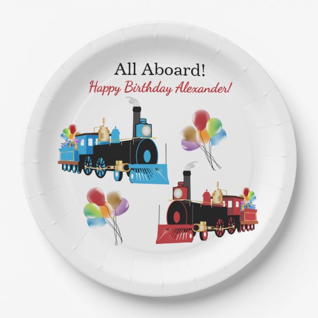 All Aboard Blue and Red Train Birthday  Paper Plate (Front)