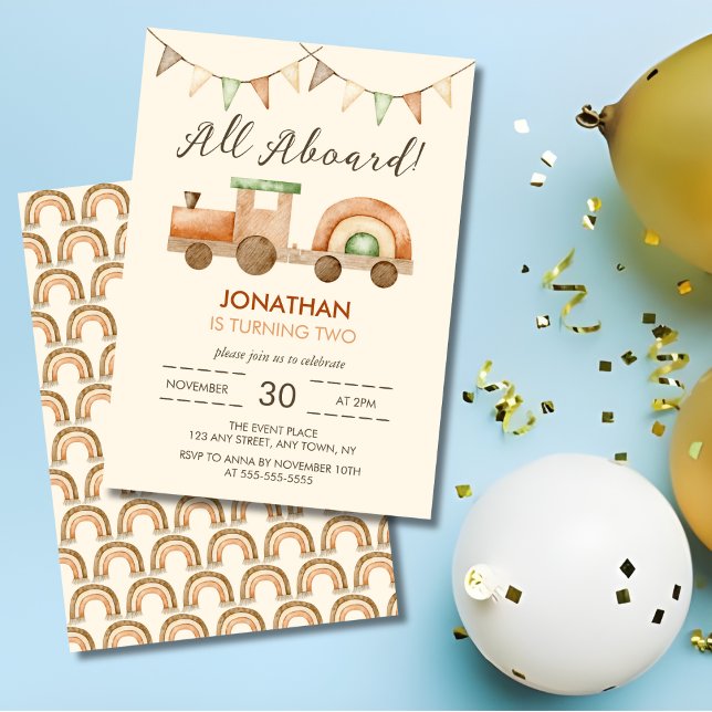 All Aboard Boho Wood Train Transport Kids Birthday Invitation (Creator Uploaded)