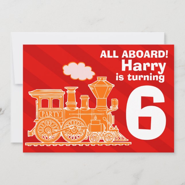 All aboard boys train birthday party invite (Front)