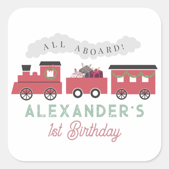 All Aboard Christmas Steam Train Birthday Square Sticker (Front)