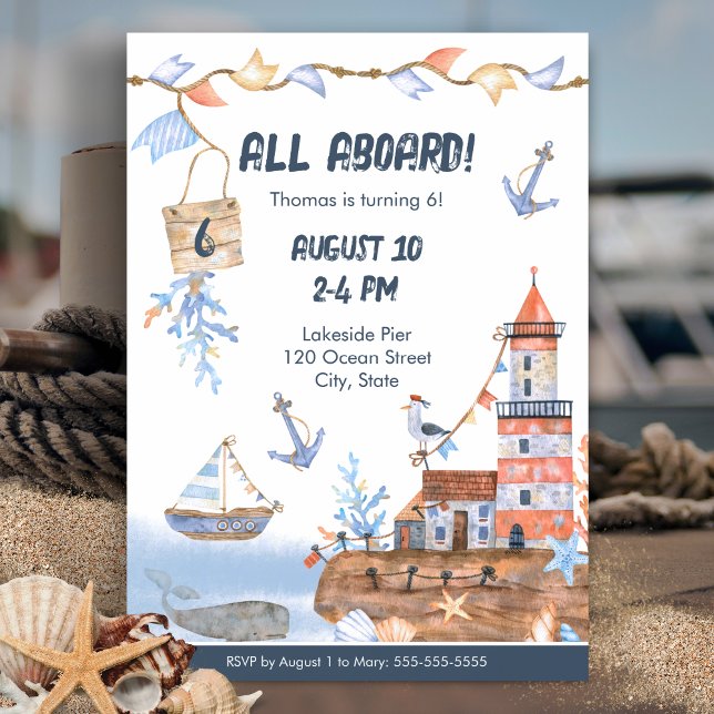 All Aboard Ocean Watercolor Kids Birthday Party Invitation (Creator Uploaded)