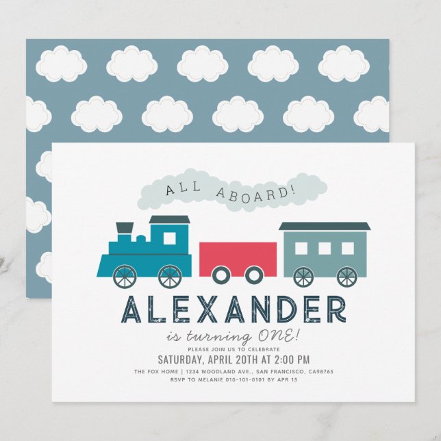 All Aboard Steam Train Blue Boy 1st Birthday Invitation (Front/Back)