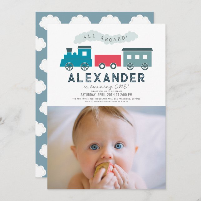 All Aboard Steam Train Blue Boy 1st Birthday Photo Invitation (Front/Back)
