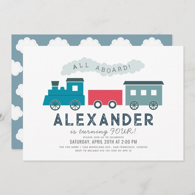 All Aboard Steam Train Blue Boy Birthday Invitation (Front/Back)