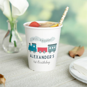 All Aboard Steam Train Blue Boy Birthday Paper Cups