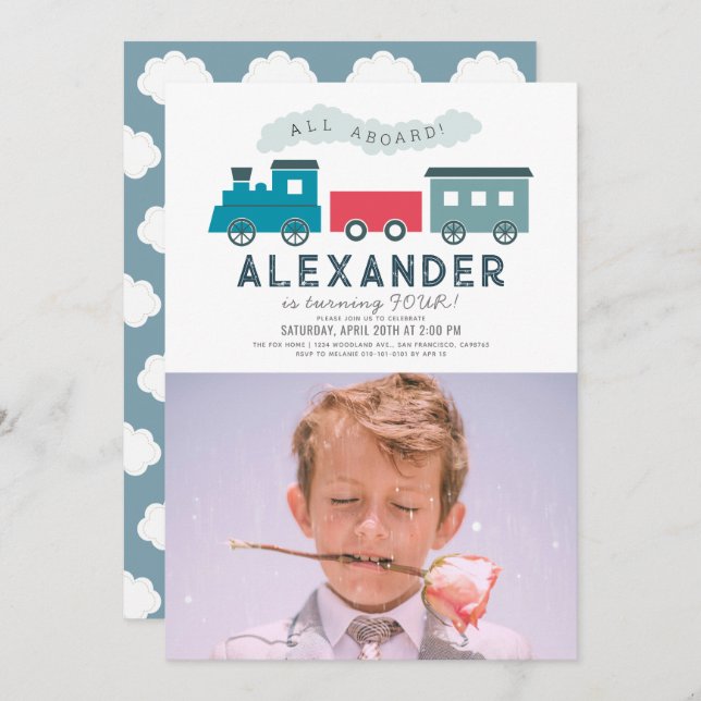 All Aboard Steam Train Blue Boy Birthday Photo Invitation (Front/Back)