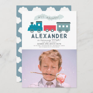 All Aboard Steam Train Blue Boy Birthday Photo Invitation