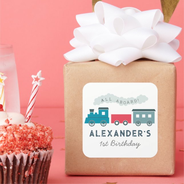 All Aboard Steam Train Blue Boy Birthday Square Sticker (Party)