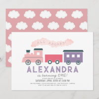 All Aboard Steam Train Pink Girl 1st Birthday Invi