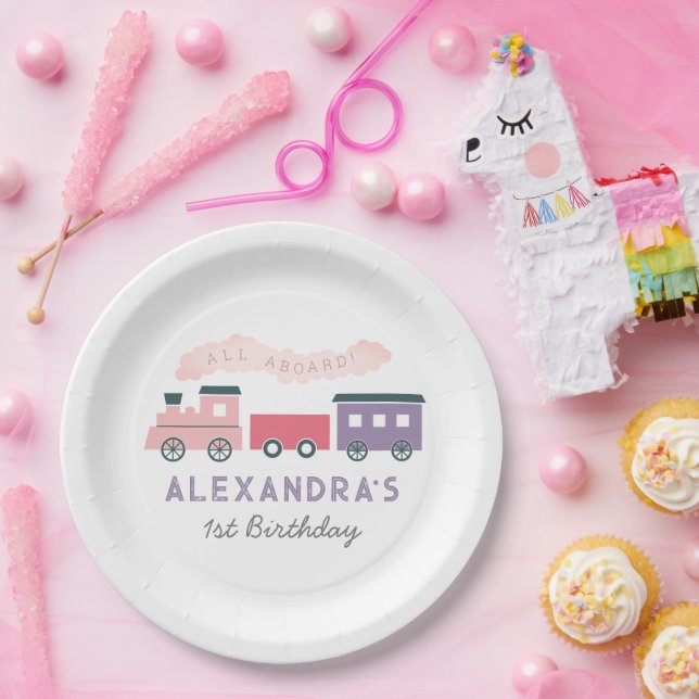 All Aboard Steam Train Pink Girl Birthday Paper Plate (Party)